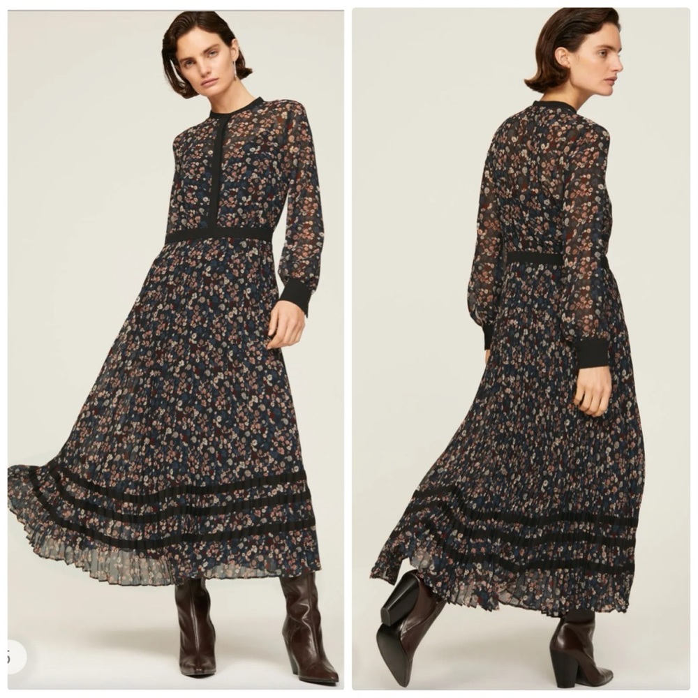 Club Monaco pleated longsleeve floral shirt dress in black - 0